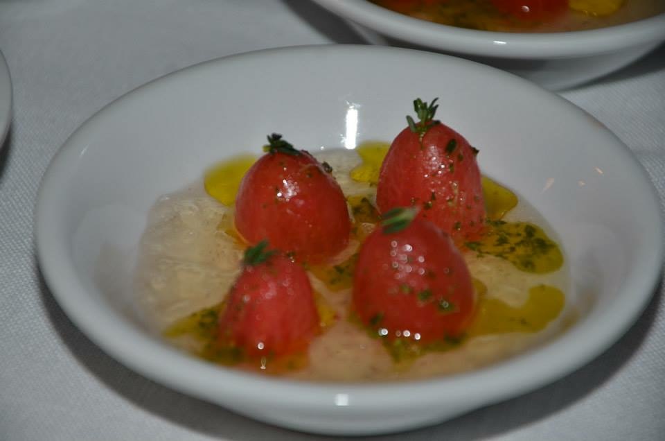 Tomato water Spheres with Basil Oil